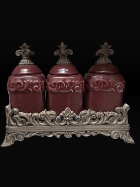 Drake Tuscan Old World Acanthus Burgundy Old World Spice Jars and Stand